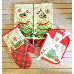 Christmas Kitchen Dish Towels Oven Mitt Set of 3 Appliqued Embroidery